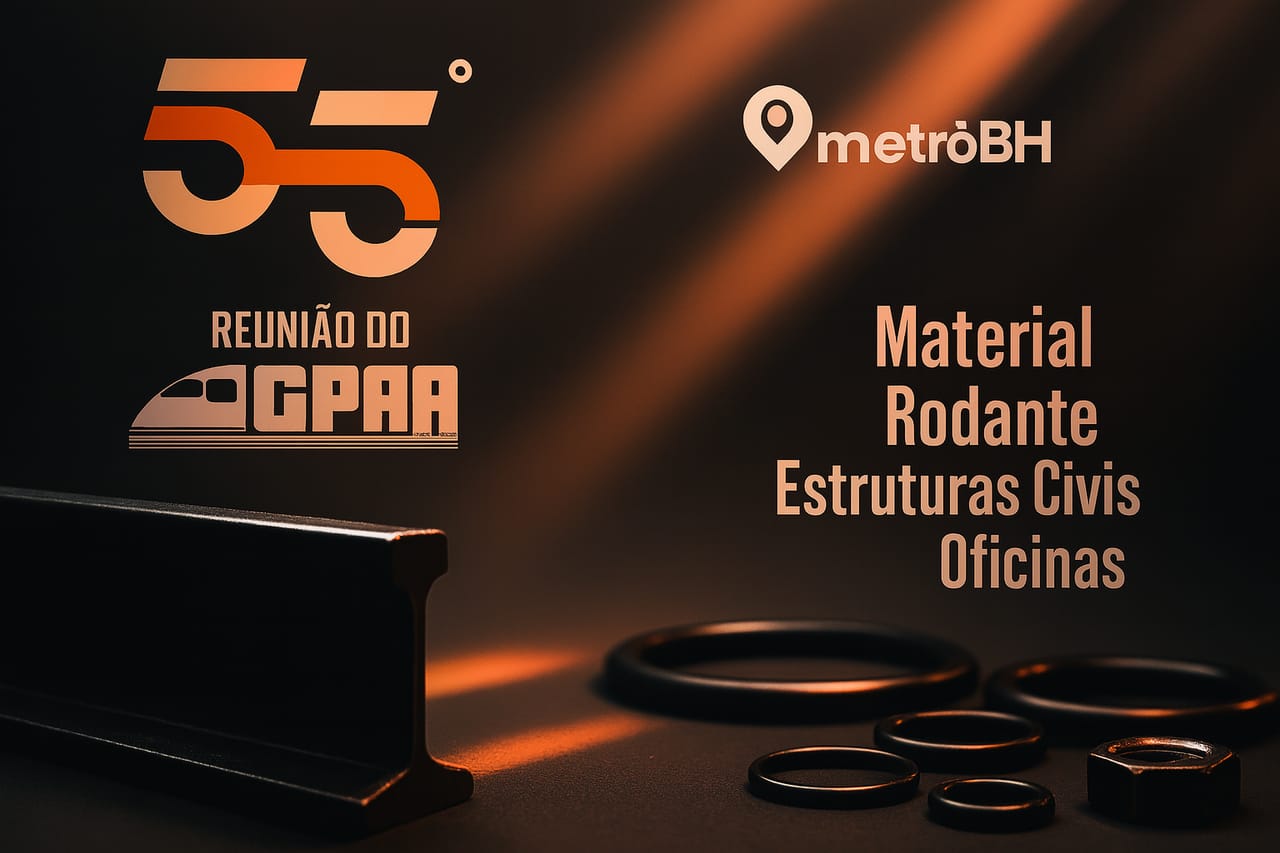 Trilho de trem iluminado por raios de luz, com um efeito moderno e profissional, destacando um evento especial.