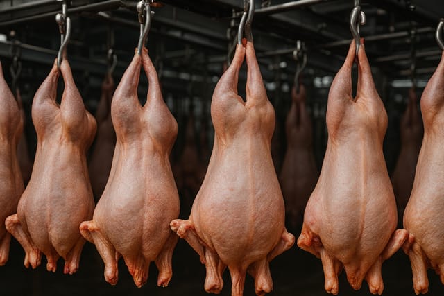 Carcaças em processamento de frigorífico