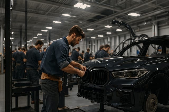 Trabalhadores e robôs na montagem automotiva
