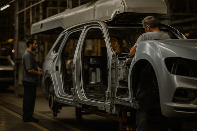 Linha de montagem automotiva com carroceria em produção