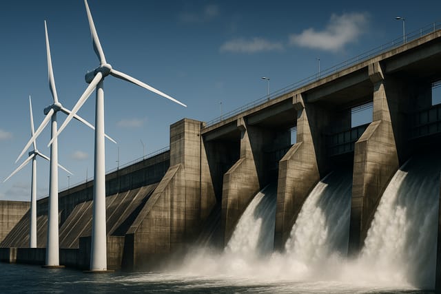 Turbinas eólicas e barragem hidrelétrica