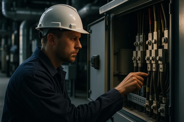 Técnico de manutenção inspecionando equipamento elétrico
