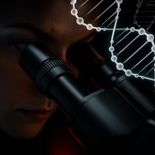 Mãos com luvas a analisar componente de vedação sob microscópio de precisão