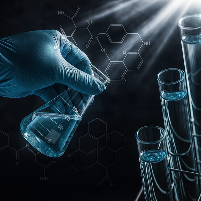 Bancada de laboratório com vidraria e líquidos poliméricos industriais