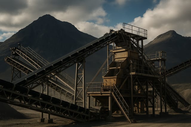 Planta de britagem com estrutura de correias transportadoras