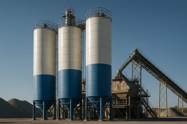 Silos industriais azuis e brancos de armazenamento