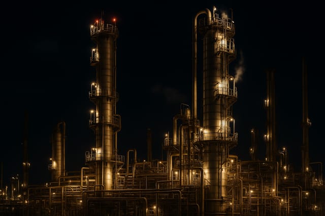 Torres de refinaria iluminadas à noite