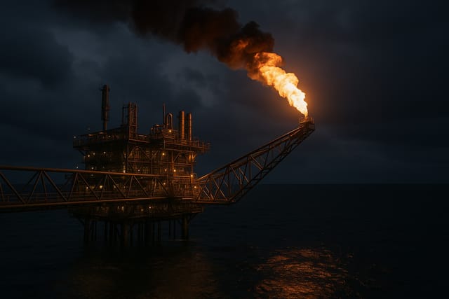 Queima de gás em plataforma offshore ao entardecer