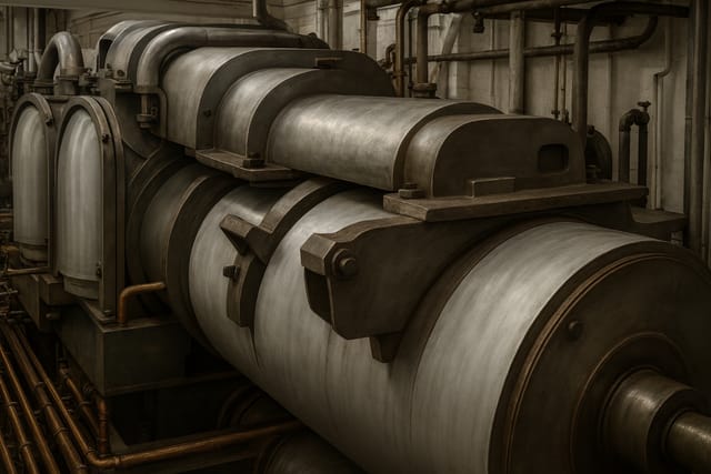 Cilindros secadores dentro da máquina de papel