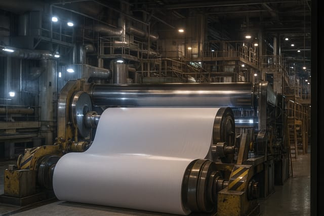 Máquina de papel em operação com folha branca contínua