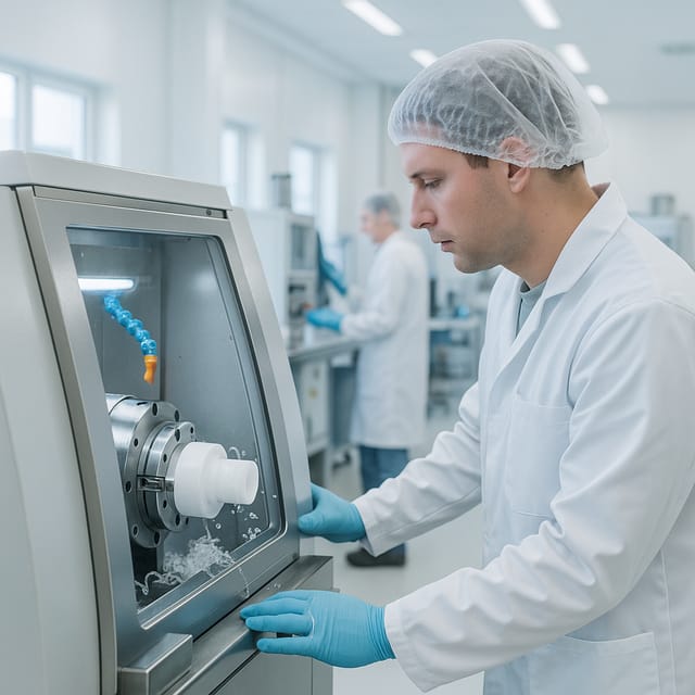 Torno CNC usinando componente termoplástico
