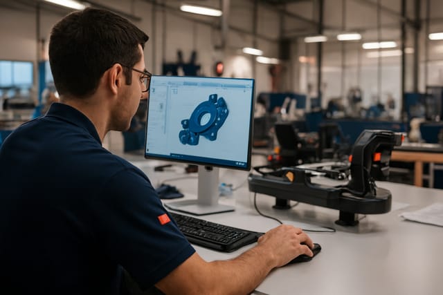 Engenheiro em estação CAD com desenhos técnicos