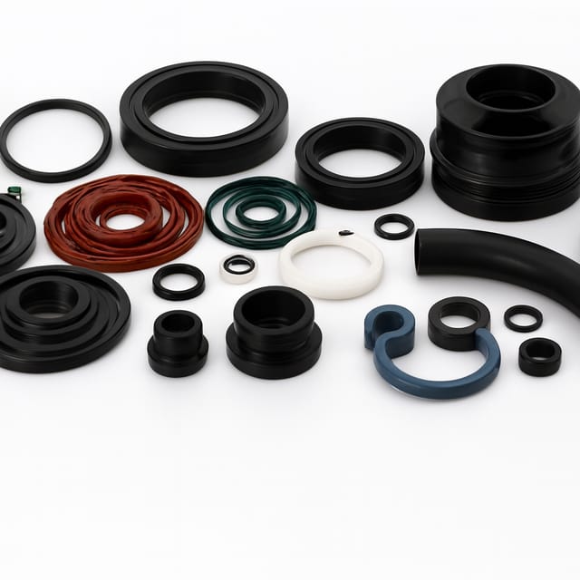 Variedade de produtos elastoméricos acabados dispostos lado a lado
