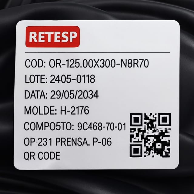 Close-up de uma etiqueta de rastreabilidade em uma peça