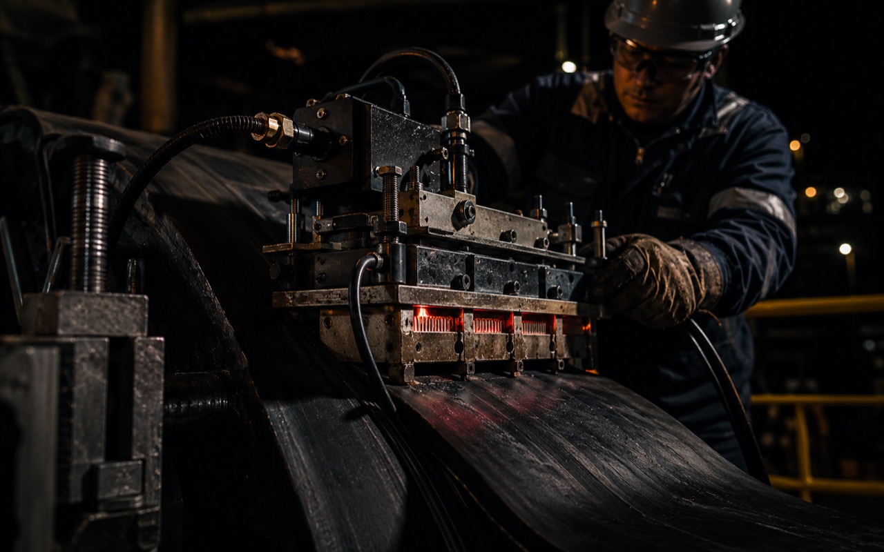 Técnico a realizar vulcanização in loco em equipamento industrial