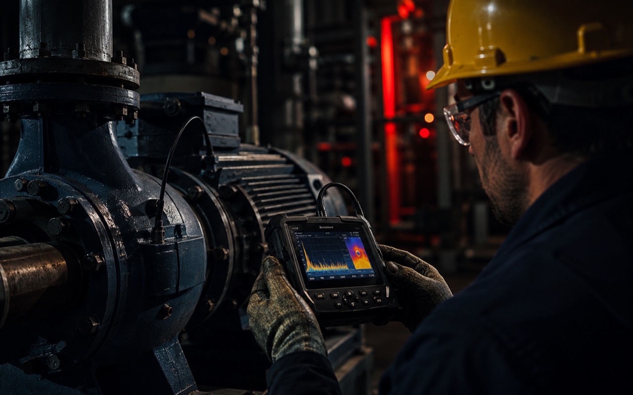 Equipa de manutenção industrial a inspecionar equipamento rotativo
