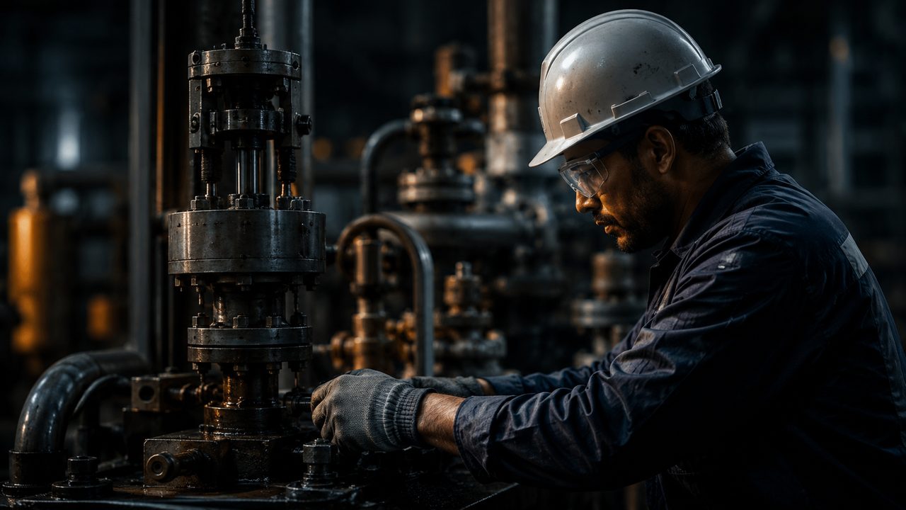 Operário com capacete a trabalhar em equipamento industrial à noite