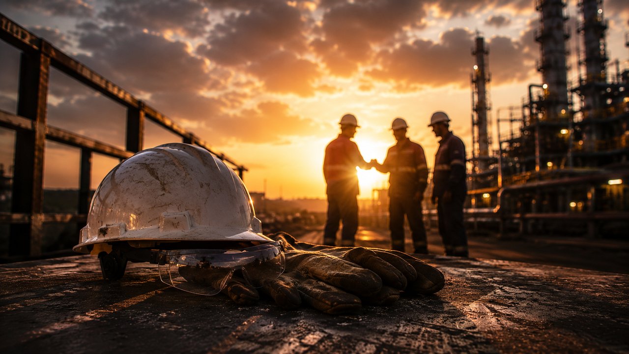 Trabalhadores industriais ao pôr do sol em frente a uma refinaria