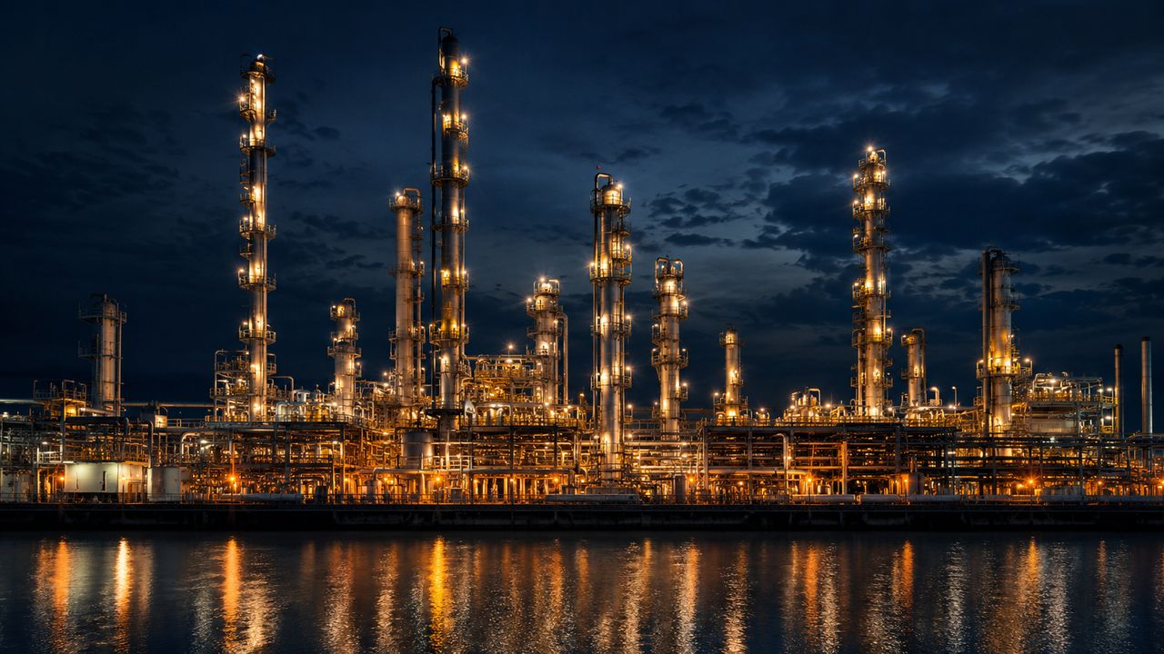 Refinaria industrial iluminada à noite — operação crítica