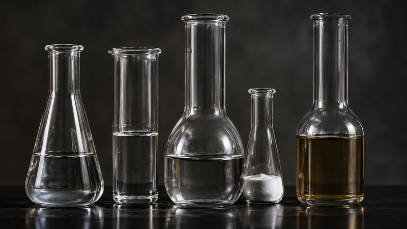 Bancada de laboratório com vidraria e líquidos poliméricos industriais