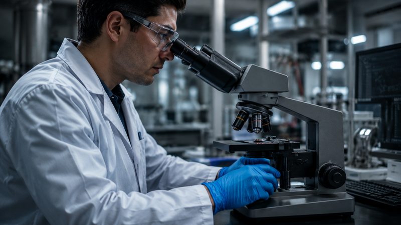 Mãos com luvas analisando componente de vedação sob microscópio de precisão