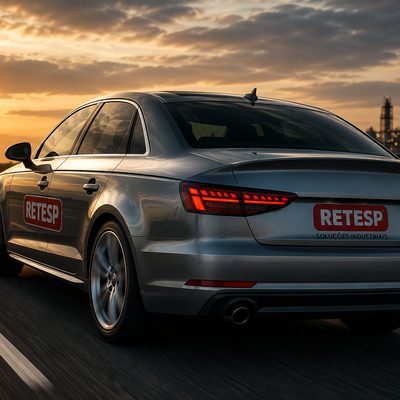 Linha de montagem automotiva com braços robóticos de solda em operação