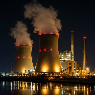 Turbinas de geração de energia em usina termelétrica iluminada à noite