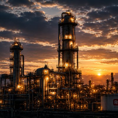 Plataforma offshore de óleo e gás iluminada à noite no mar aberto