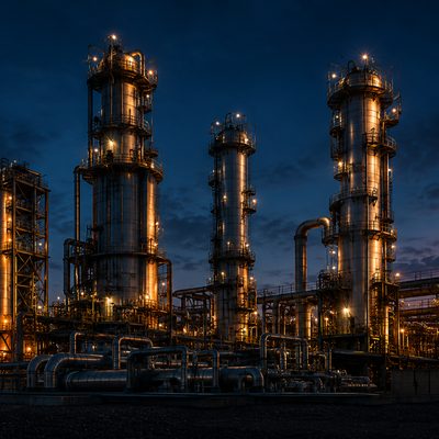 Refinaria petroquímica iluminada à noite com torres de destilação
