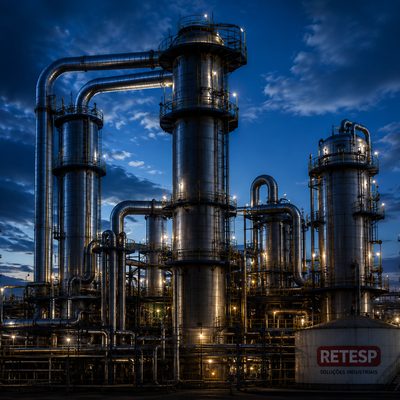 Planta industrial de processos químicos com rede de tubulações de aço inoxidável